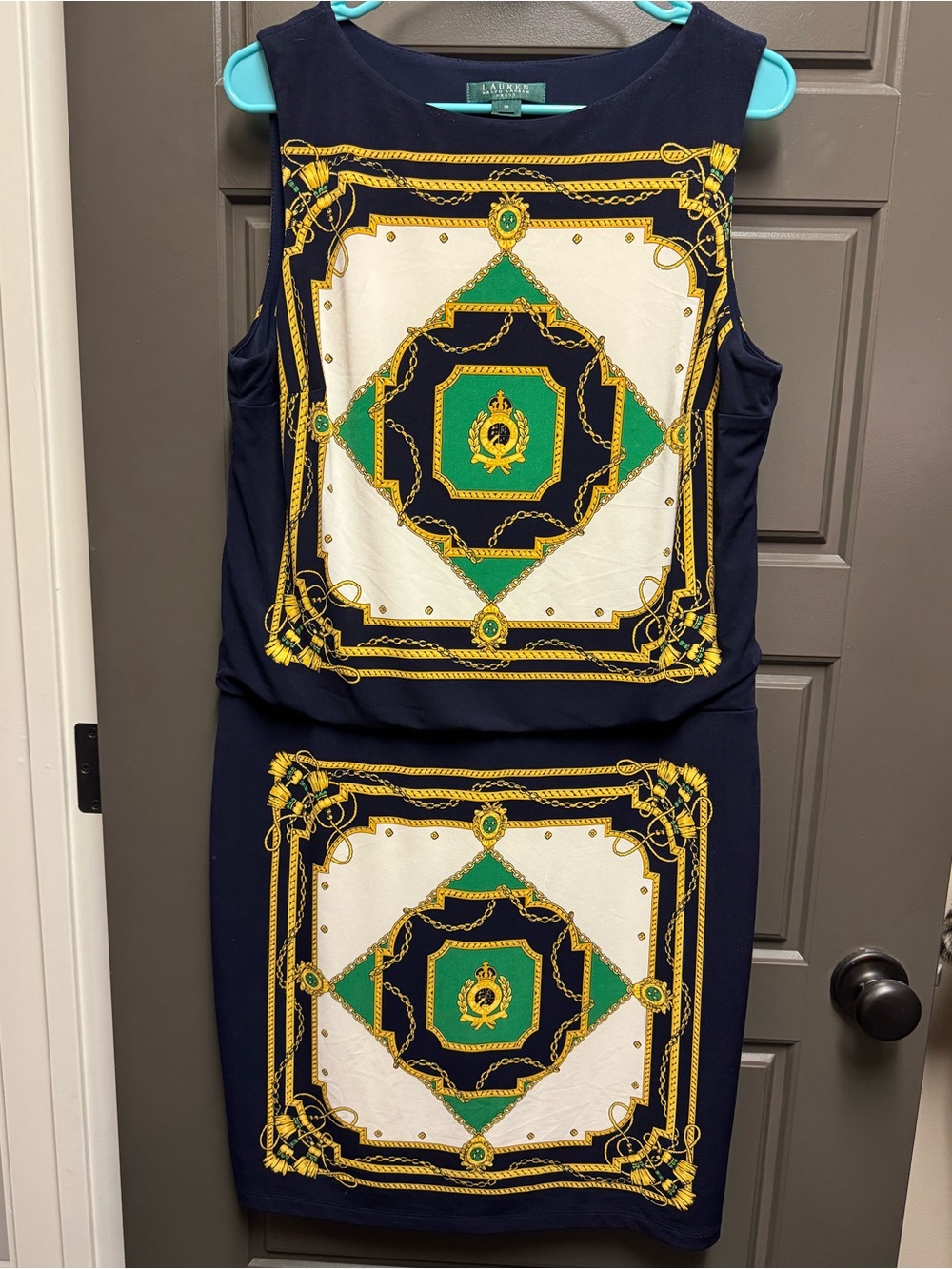 Lauren Ralph Lauren Navy, Green & Gold Sleeveless Scarf-Print Dress